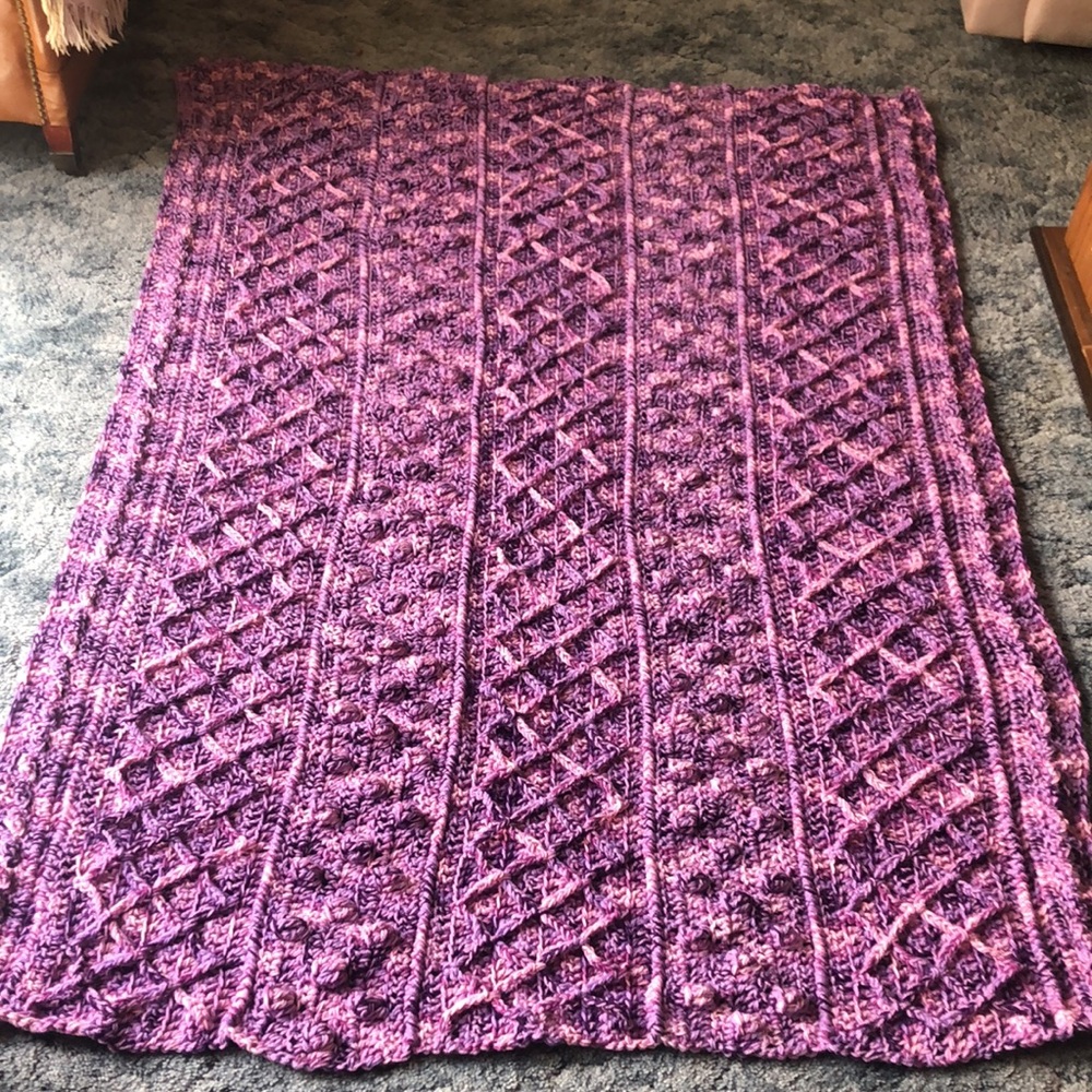 Fisherman Style Afghan Hand Crocheted In Pink & Lavender